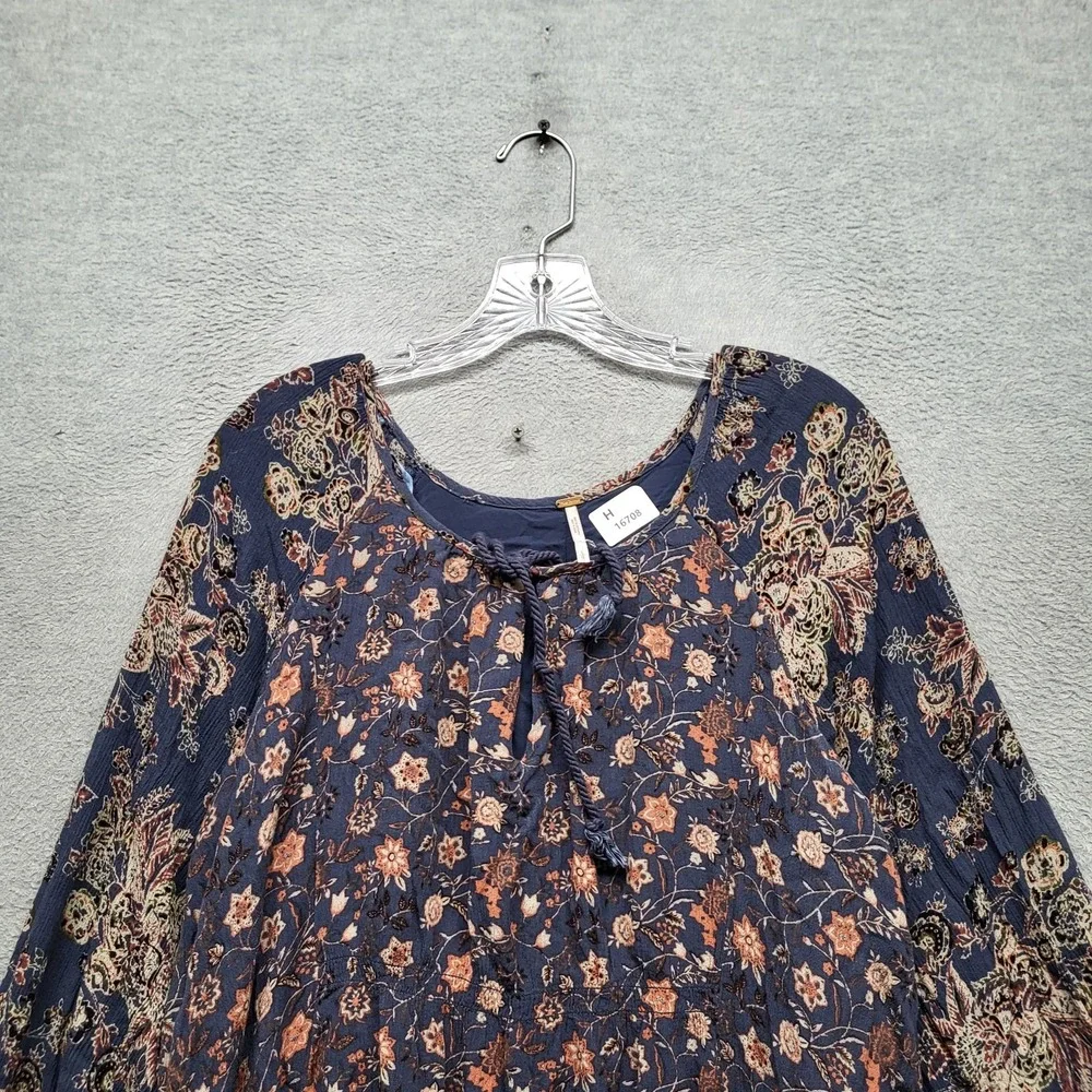 Free People Women Dress L Navy Floral Lucky Loosie Swing Boho‎ Scoop Neck